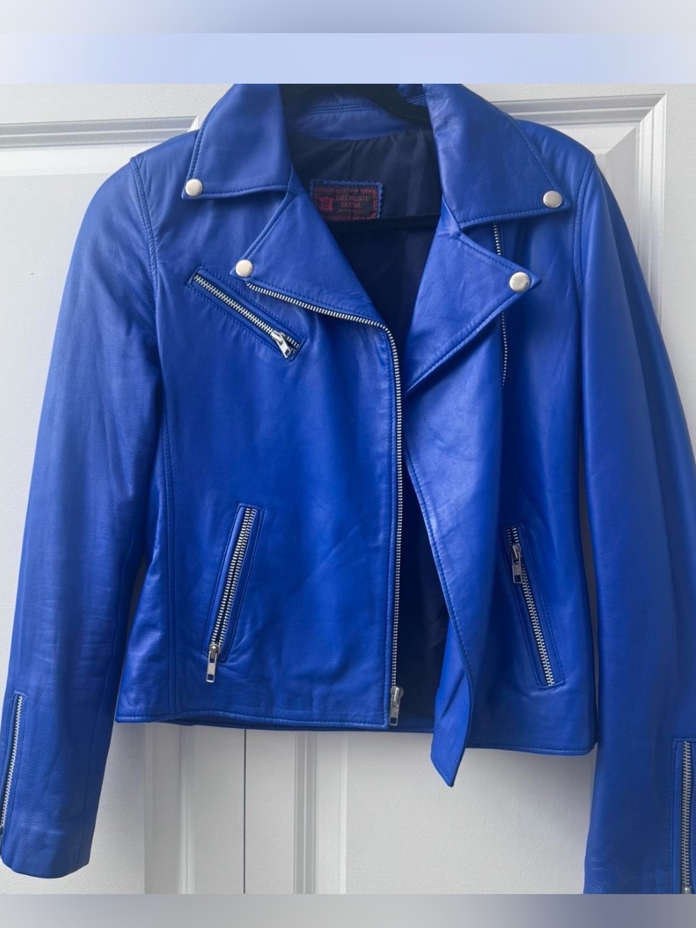 SPÉCIALISTE EN CUIR Vintage Cobalt Blue Leather Moto Biker Jacket‎ Zip Up Small
